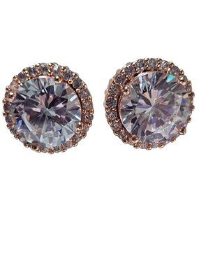 Clear Halo Stud Earrings Rose Gold Tone Round Faceted Sparkle Bridal Glam Dressy
